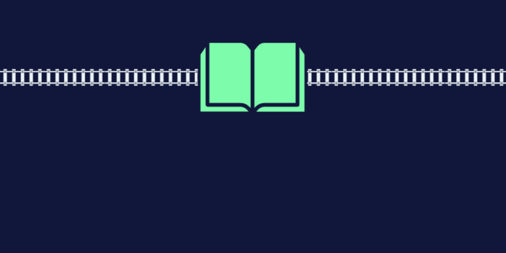 Stylized graphic of train tracks in a sinusoidal pattern with a stack of books symbolizing learning or knowledge in railway systems