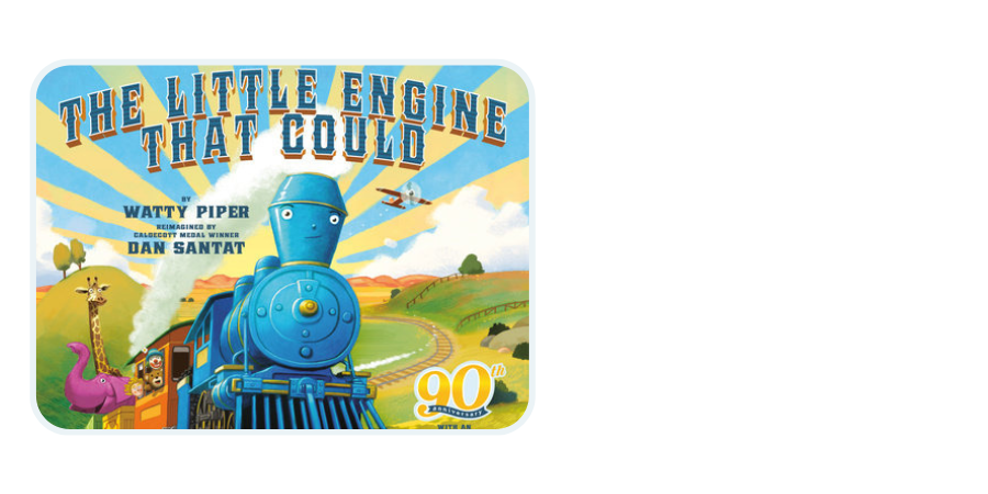 Illustration of 'The Little Engine that Could' book cover showcasing determination and motivation