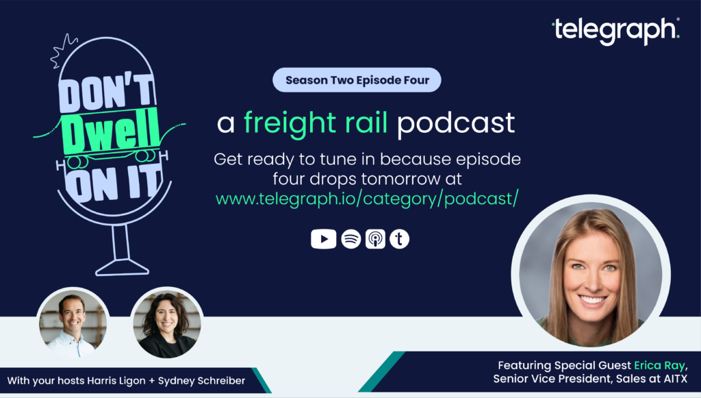 Don't Dwell On It podcast Season 2 Episode 4 graphic featuring hosts Harris Ligon and Sydney Schreiber with guest Erica Ray, SVP at AITX