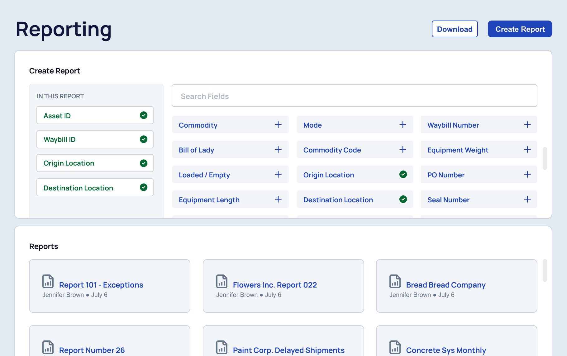 REPORTING product screen